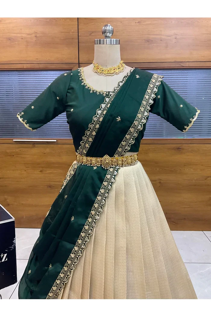 Beautiful South Indian Style Half Saree with Beads Work Blouse and Dupatta for Women | Sanskruti - Image 3