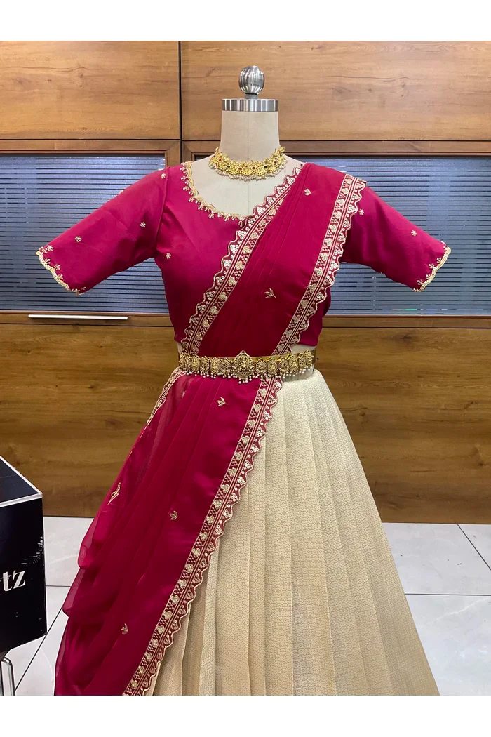 Beautiful South Indian Style Half Saree with Beads Work Blouse and Dupatta for Women | Sanskruti - Image 30
