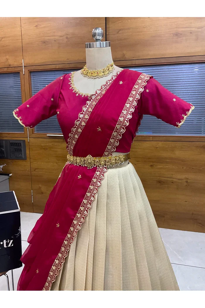 Beautiful South Indian Style Half Saree with Beads Work Blouse and Dupatta for Women | Sanskruti - Image 32