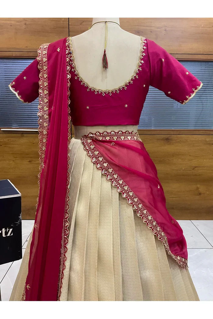 Beautiful South Indian Style Half Saree with Beads Work Blouse and Dupatta for Women | Sanskruti - Image 33