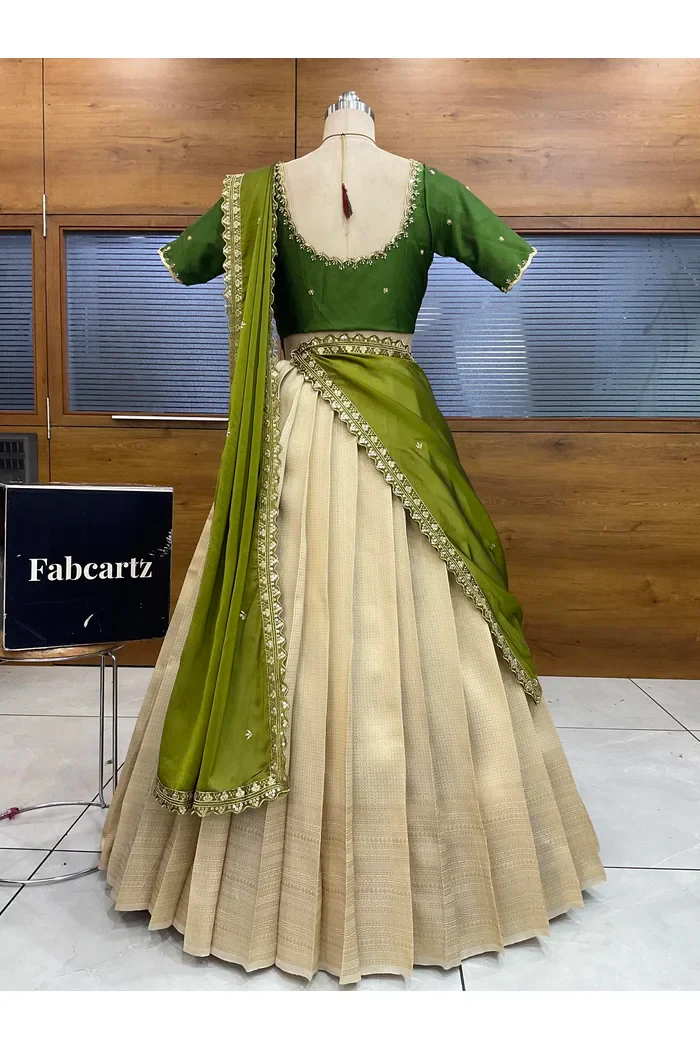Beautiful South Indian Style Half Saree with Beads Work Blouse and Dupatta for Women | Sanskruti - Image 38