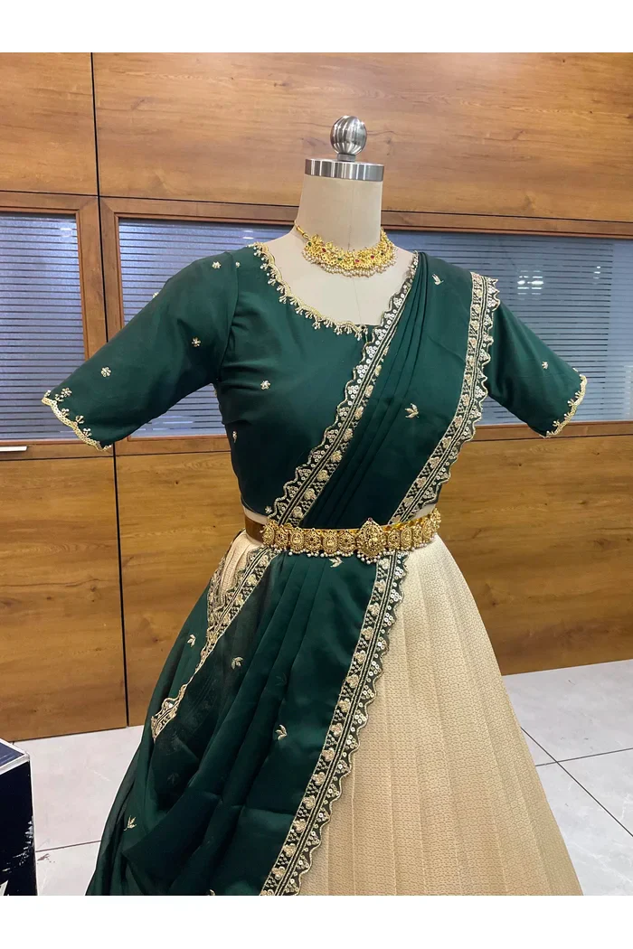 Beautiful South Indian Style Half Saree with Beads Work Blouse and Dupatta for Women | Sanskruti - Image 4