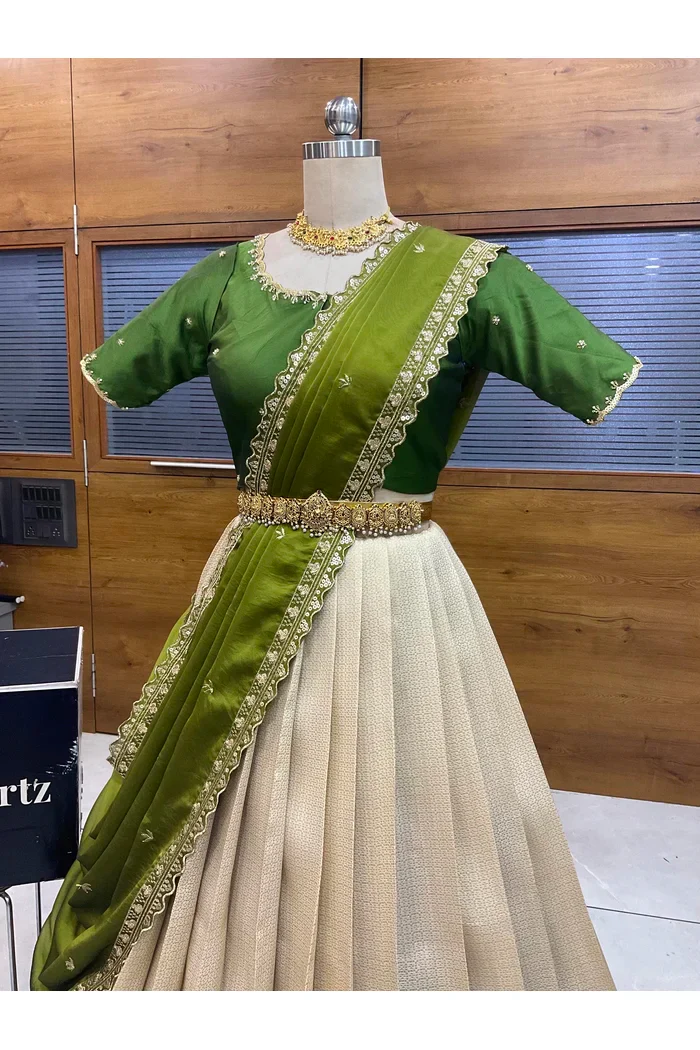 Beautiful South Indian Style Half Saree with Beads Work Blouse and Dupatta for Women | Sanskruti - Image 41