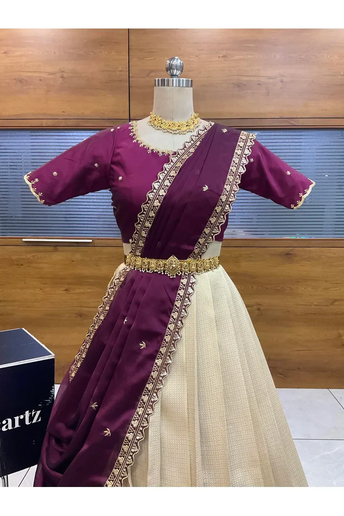 Beautiful South Indian Style Half Saree with Beads Work Blouse and Dupatta for Women | Sanskruti - Image 48