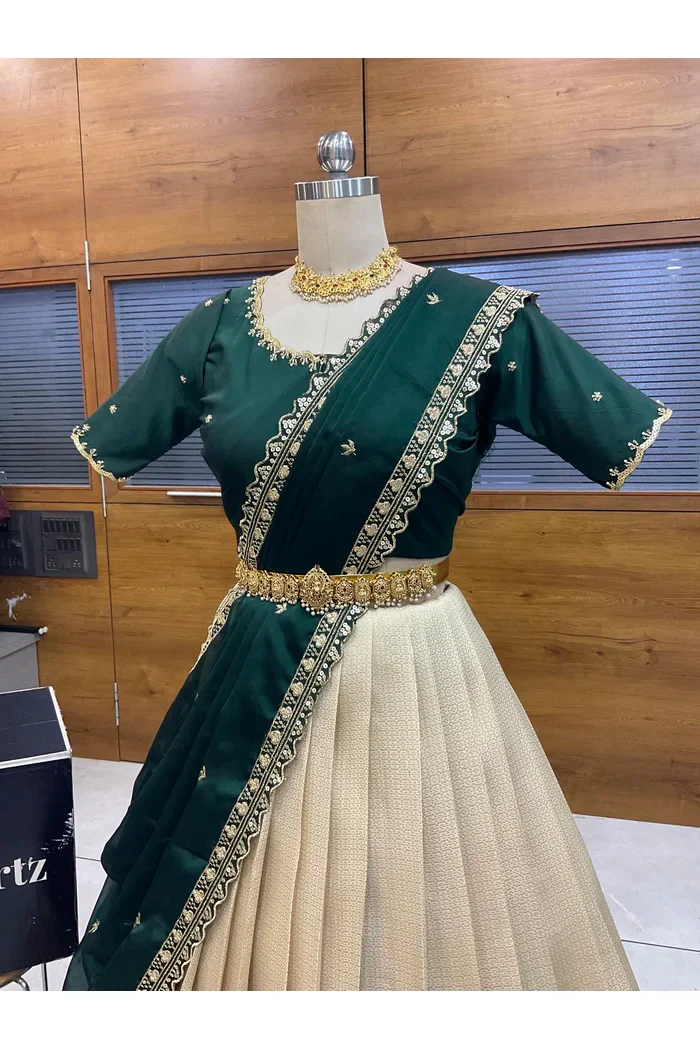 Beautiful South Indian Style Half Saree with Beads Work Blouse and Dupatta for Women | Sanskruti - Image 5