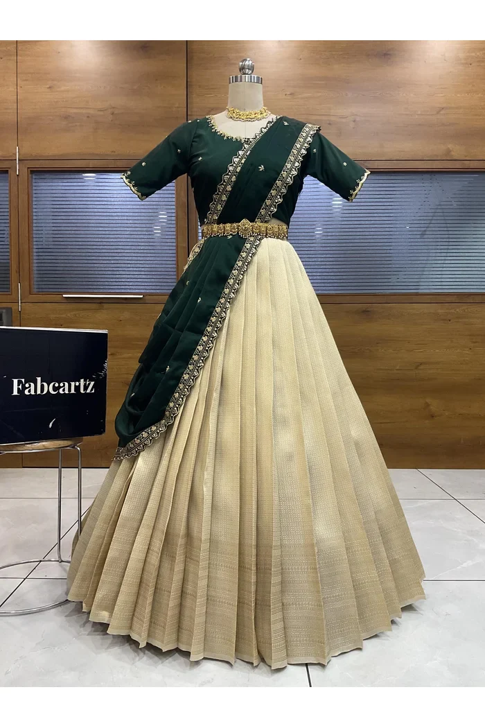 Beautiful South Indian Style Half Saree with Beads Work Blouse and Dupatta for Women | Sanskruti - Image 55