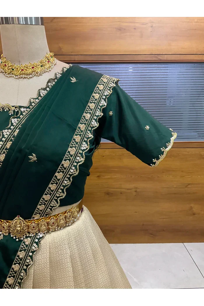 Beautiful South Indian Style Half Saree with Beads Work Blouse and Dupatta for Women | Sanskruti - Image 7