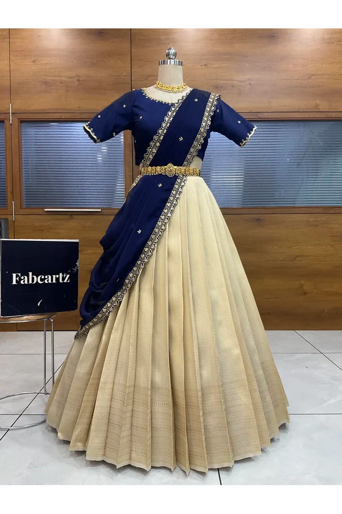 Beautiful South Indian Style Half Saree with Beads Work Blouse and Dupatta for Women | Sanskruti - Image 73