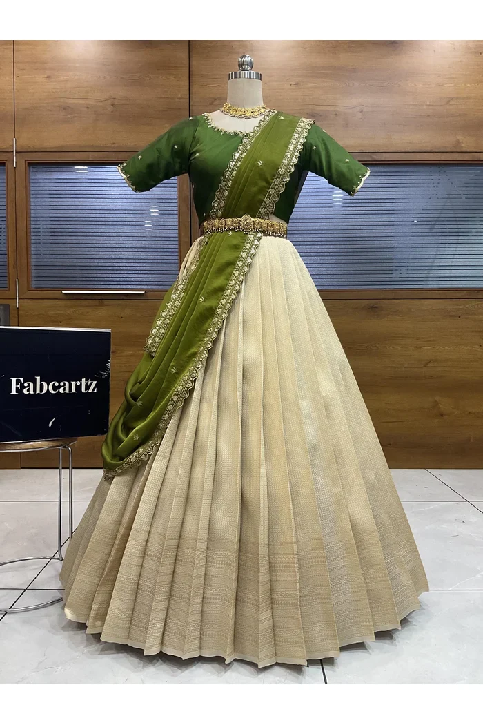 Beautiful South Indian Style Half Saree with Beads Work Blouse and Dupatta for Women | Sanskruti - Image 93