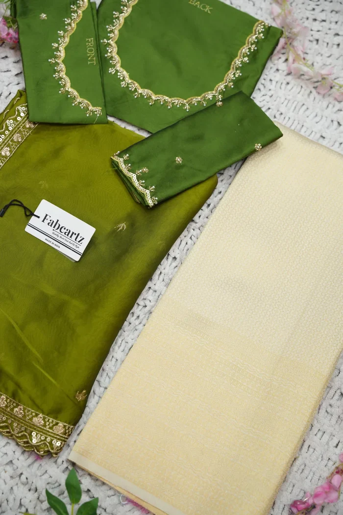 Beautiful South Indian Style Half Saree with Beads Work Blouse and Dupatta for Women | Sanskruti - Image 96
