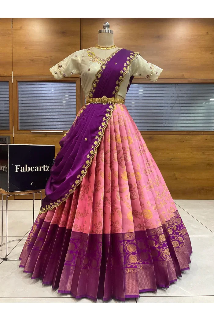 Beautiful South Indian Style Half Saree with Hand Work Blouse and Dupatta for Women | Shobitha