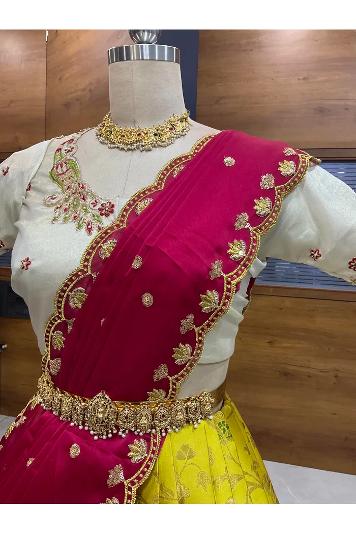 Beautiful South Indian Style Half Saree with Hand Work Blouse and Dupatta for Women | Shobitha - Image 106