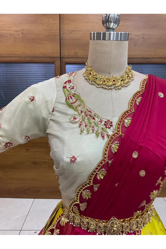Beautiful South Indian Style Half Saree with Hand Work Blouse and Dupatta for Women | Shobitha - Image 107