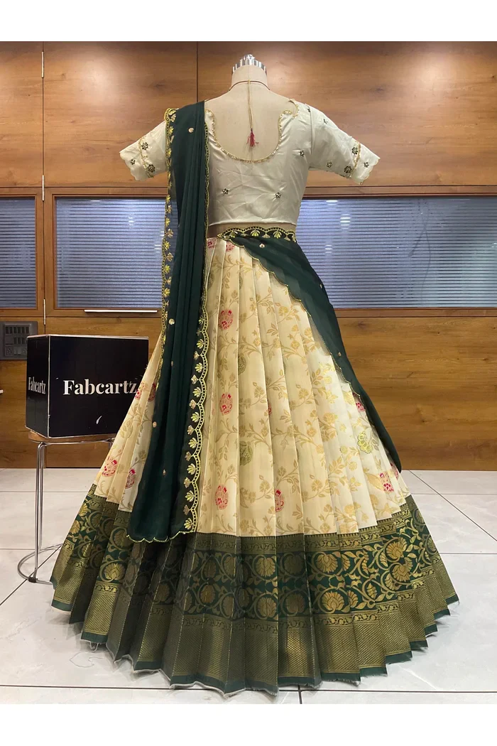 Beautiful South Indian Style Half Saree with Hand Work Blouse and Dupatta for Women | Shobitha - Image 11