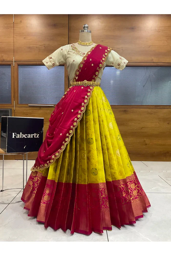 Beautiful South Indian Style Half Saree with Hand Work Blouse and Dupatta for Women | Shobitha - Image 111
