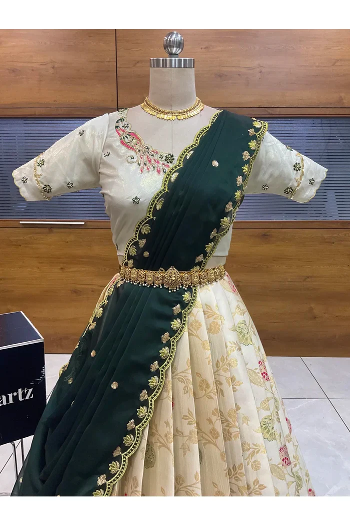 Beautiful South Indian Style Half Saree with Hand Work Blouse and Dupatta for Women | Shobitha - Image 12