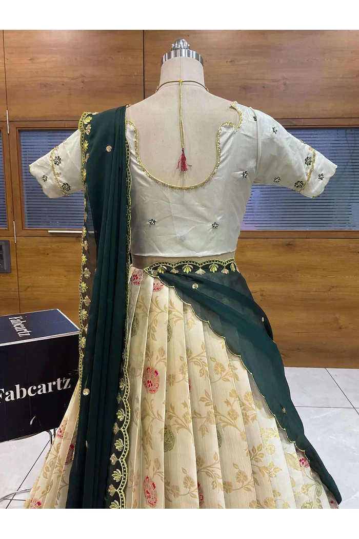 Beautiful South Indian Style Half Saree with Hand Work Blouse and Dupatta for Women | Shobitha - Image 13