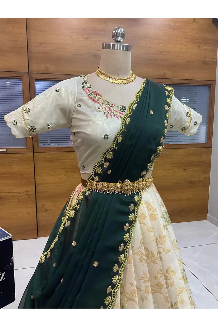 Beautiful South Indian Style Half Saree with Hand Work Blouse and Dupatta for Women | Shobitha - Image 14
