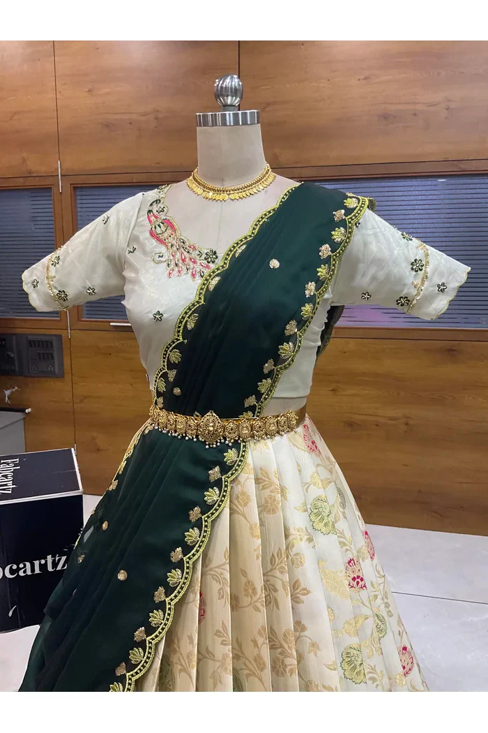 Beautiful South Indian Style Half Saree with Hand Work Blouse and Dupatta for Women | Shobitha - Image 15