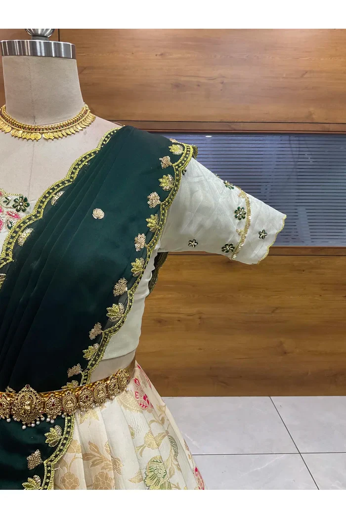 Beautiful South Indian Style Half Saree with Hand Work Blouse and Dupatta for Women | Shobitha - Image 16