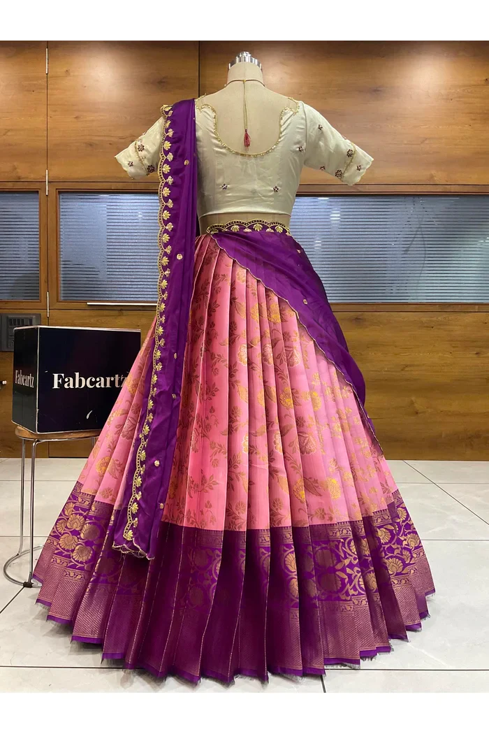 Beautiful South Indian Style Half Saree with Hand Work Blouse and Dupatta for Women | Shobitha - Image 2
