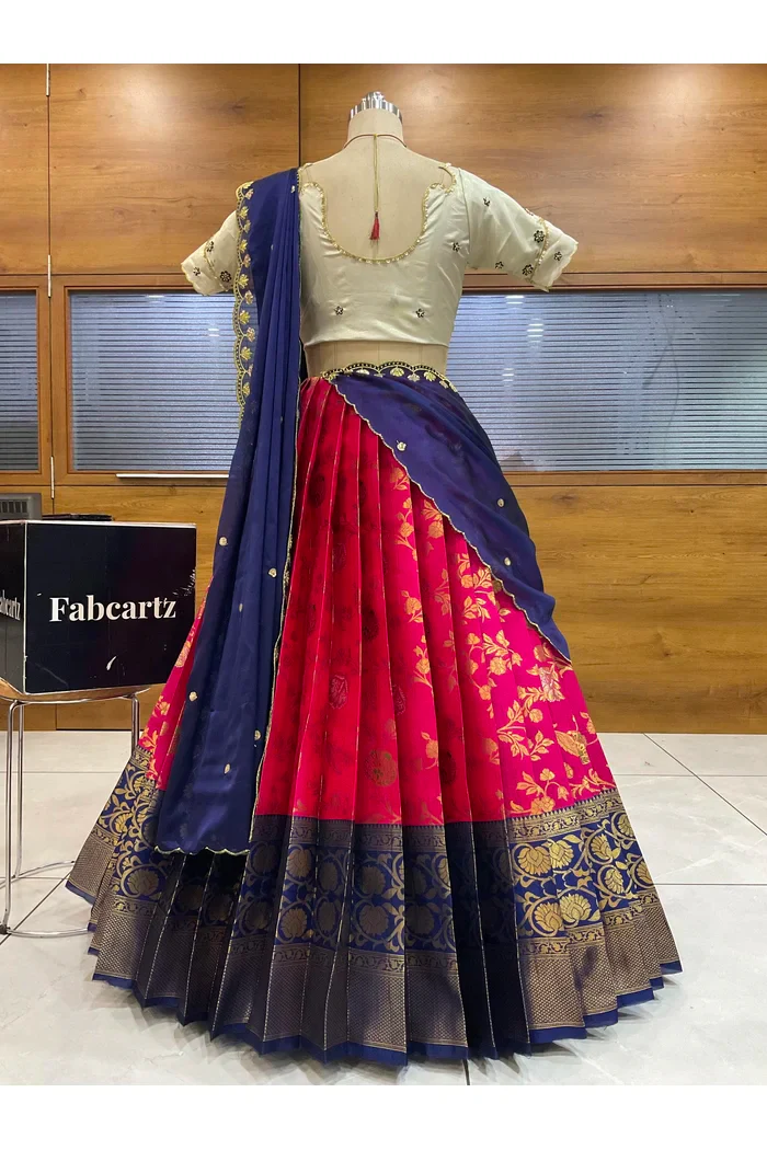 Beautiful South Indian Style Half Saree with Hand Work Blouse and Dupatta for Women | Shobitha - Image 20