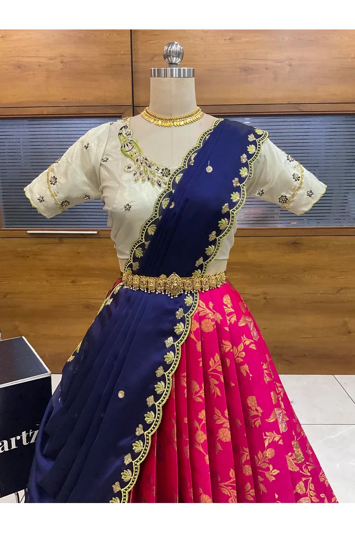 Beautiful South Indian Style Half Saree with Hand Work Blouse and Dupatta for Women | Shobitha - Image 21