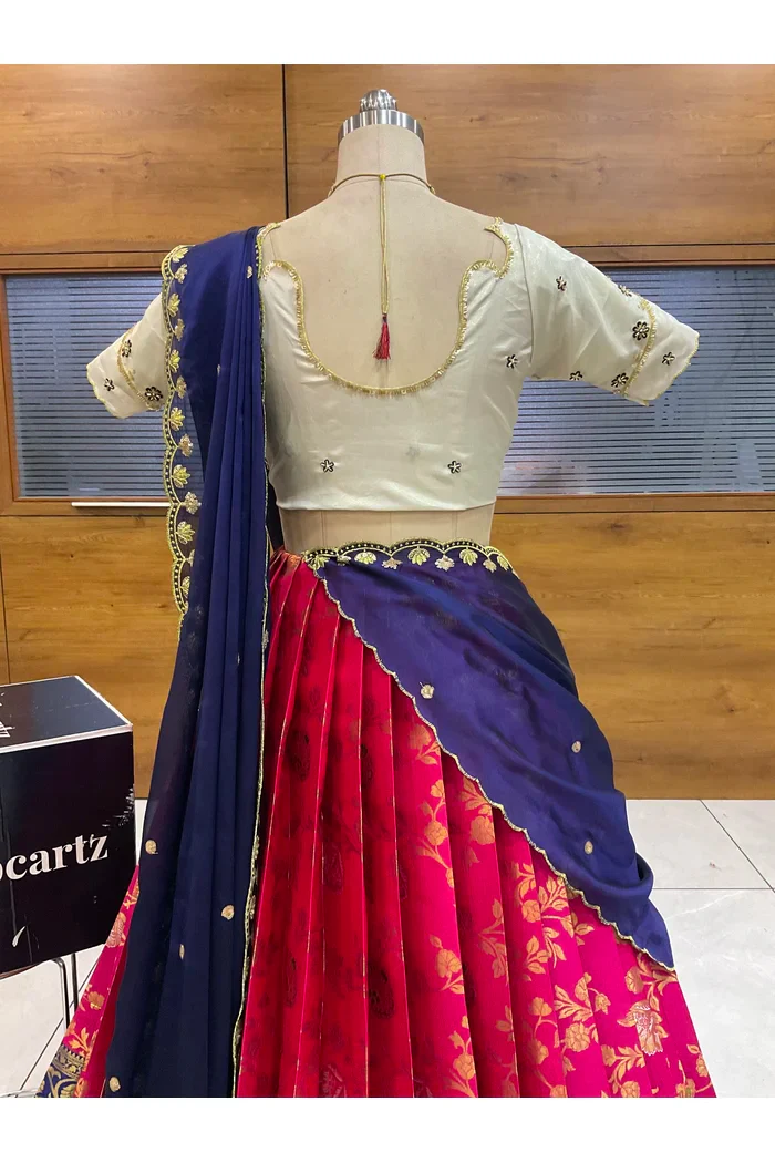 Beautiful South Indian Style Half Saree with Hand Work Blouse and Dupatta for Women | Shobitha - Image 22