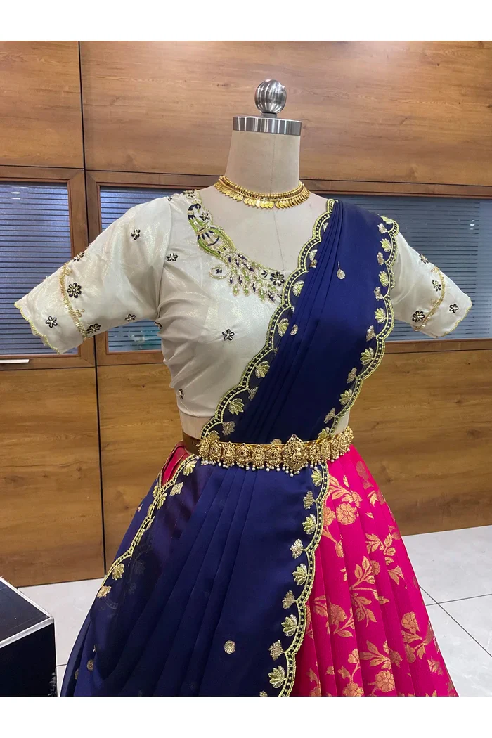 Beautiful South Indian Style Half Saree with Hand Work Blouse and Dupatta for Women | Shobitha - Image 23