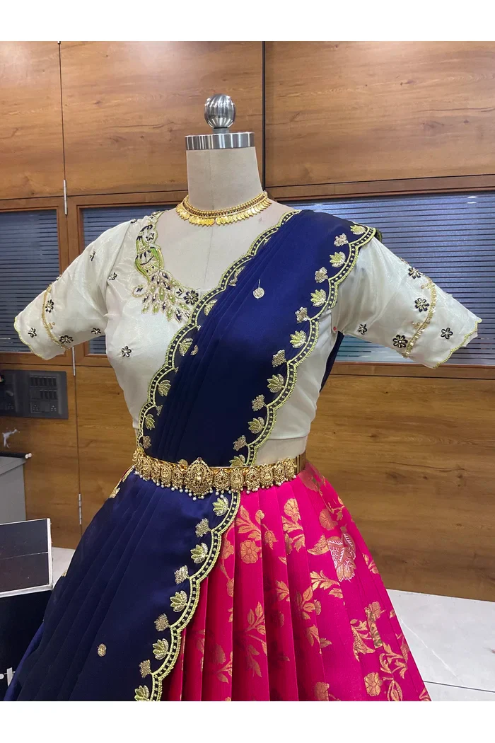 Beautiful South Indian Style Half Saree with Hand Work Blouse and Dupatta for Women | Shobitha - Image 24
