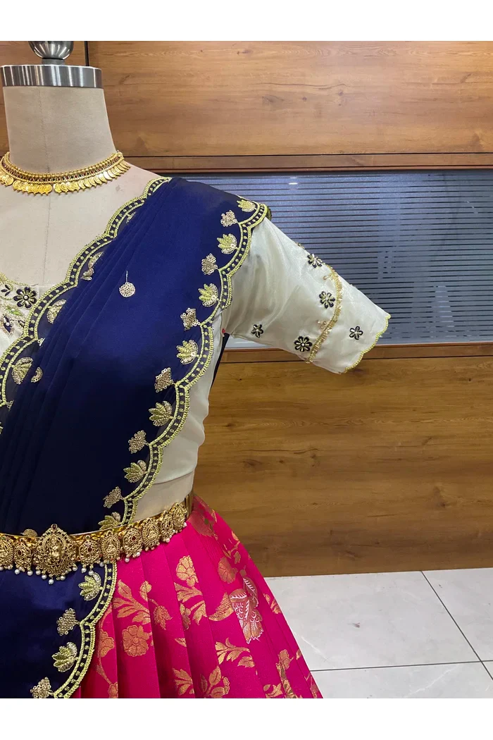 Beautiful South Indian Style Half Saree with Hand Work Blouse and Dupatta for Women | Shobitha - Image 25