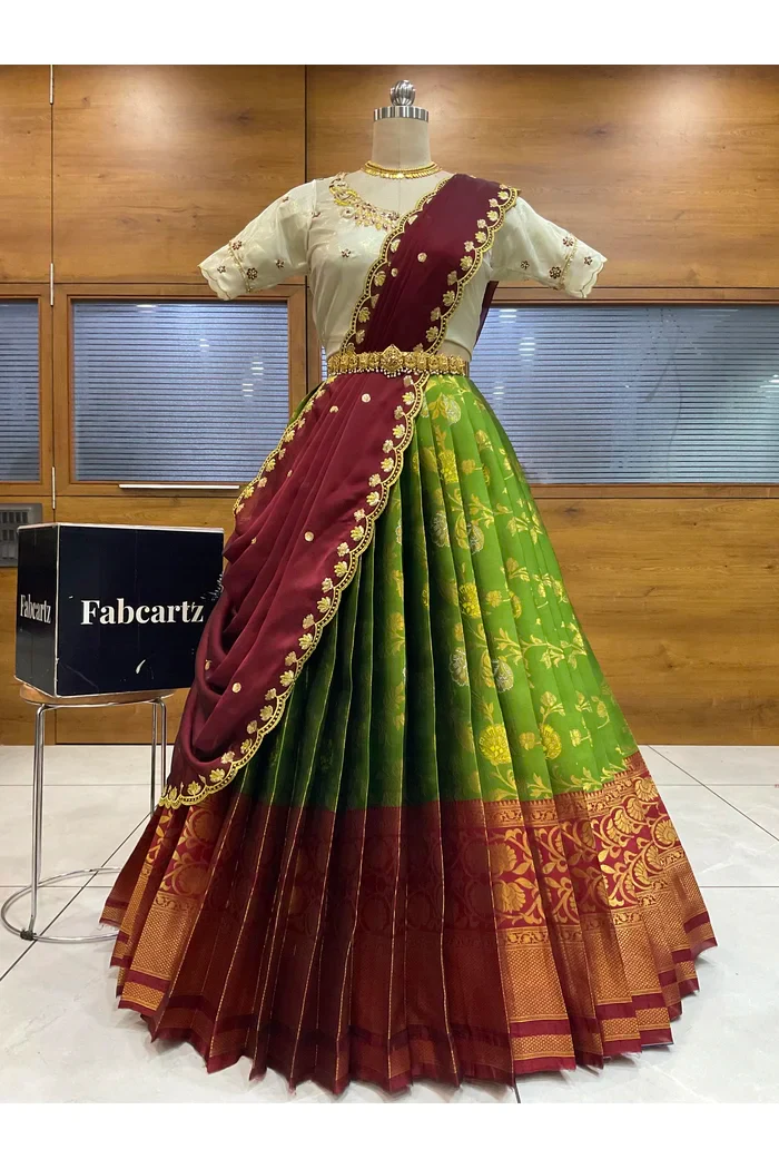 Beautiful South Indian Style Half Saree with Hand Work Blouse and Dupatta for Women | Shobitha - Image 28