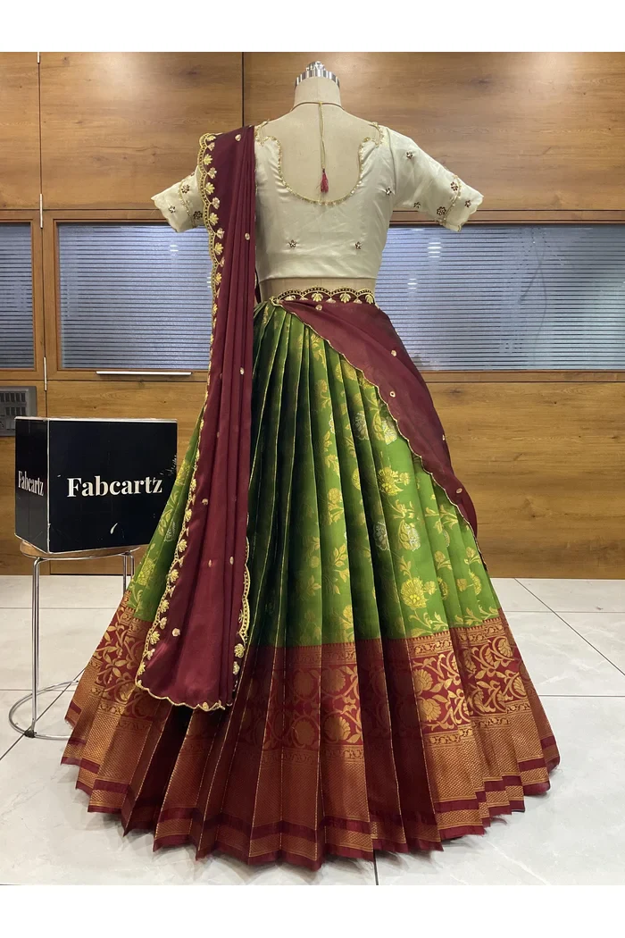 Beautiful South Indian Style Half Saree with Hand Work Blouse and Dupatta for Women | Shobitha - Image 29