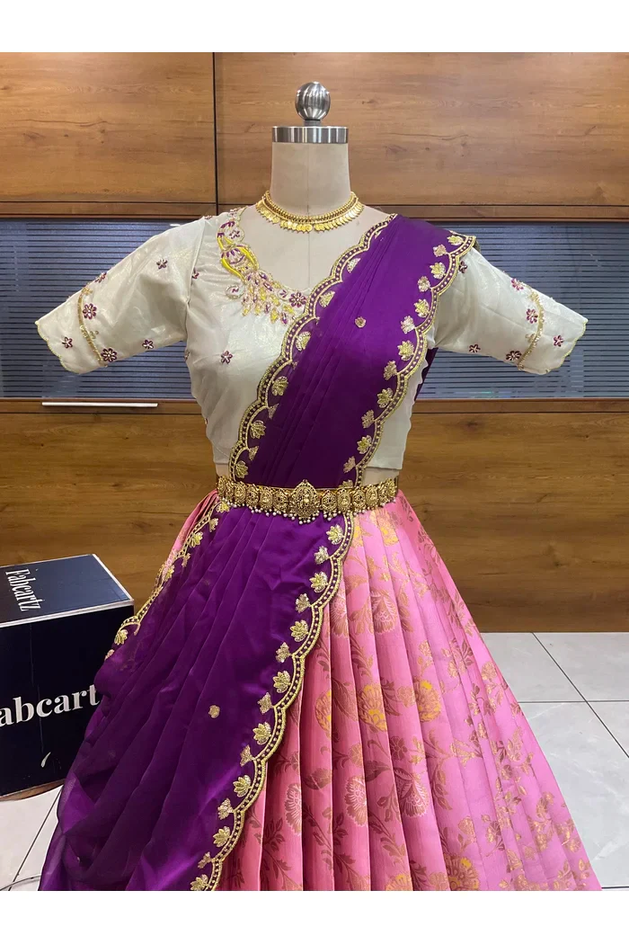 Beautiful South Indian Style Half Saree with Hand Work Blouse and Dupatta for Women | Shobitha - Image 3