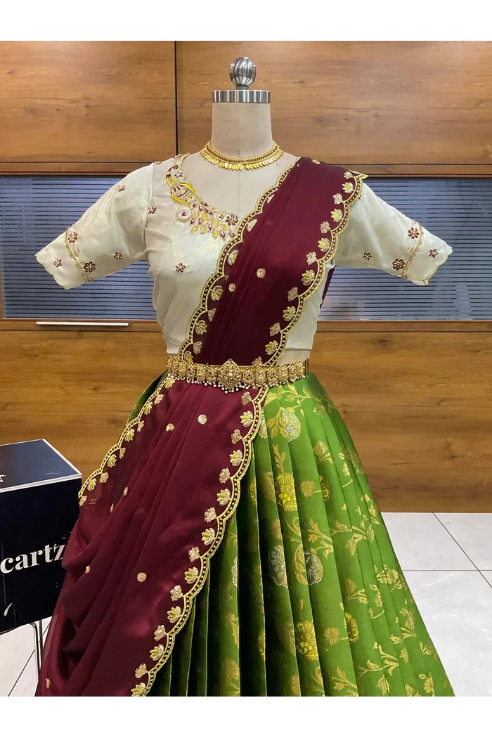 Beautiful South Indian Style Half Saree with Hand Work Blouse and Dupatta for Women | Shobitha - Image 30