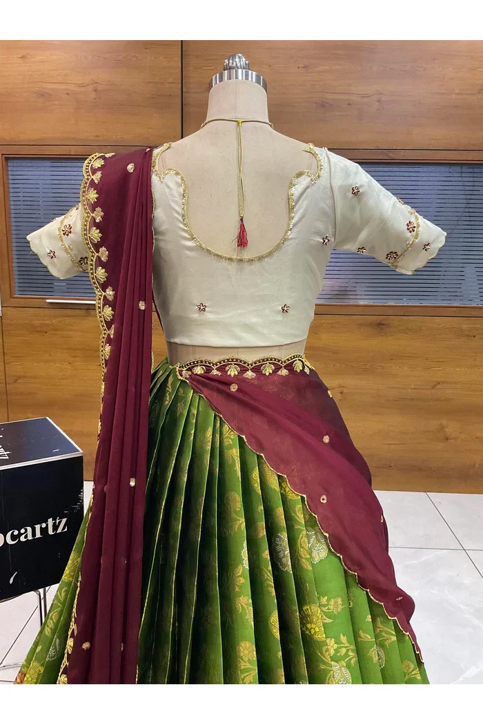 Beautiful South Indian Style Half Saree with Hand Work Blouse and Dupatta for Women | Shobitha - Image 31