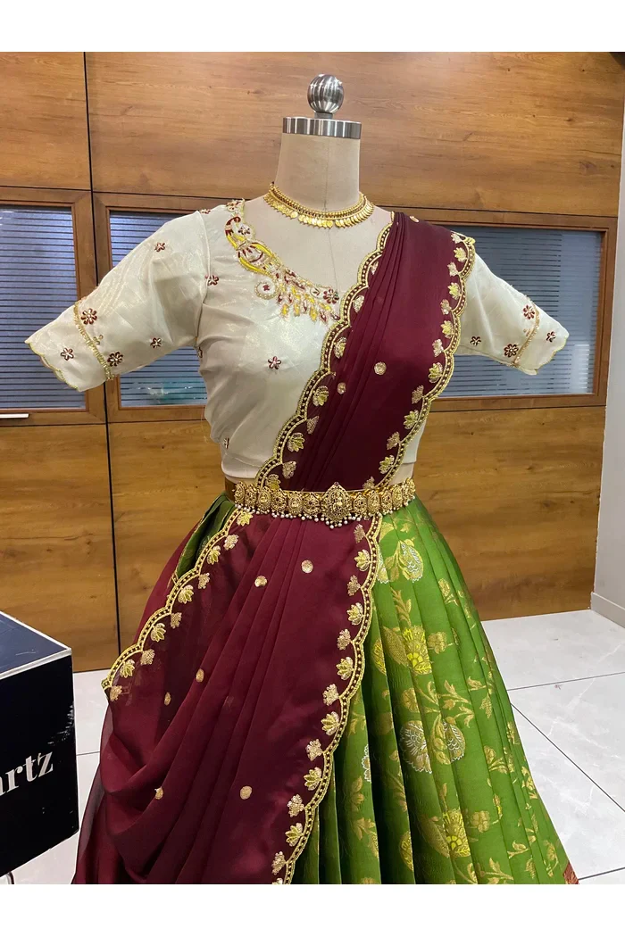 Beautiful South Indian Style Half Saree with Hand Work Blouse and Dupatta for Women | Shobitha - Image 32