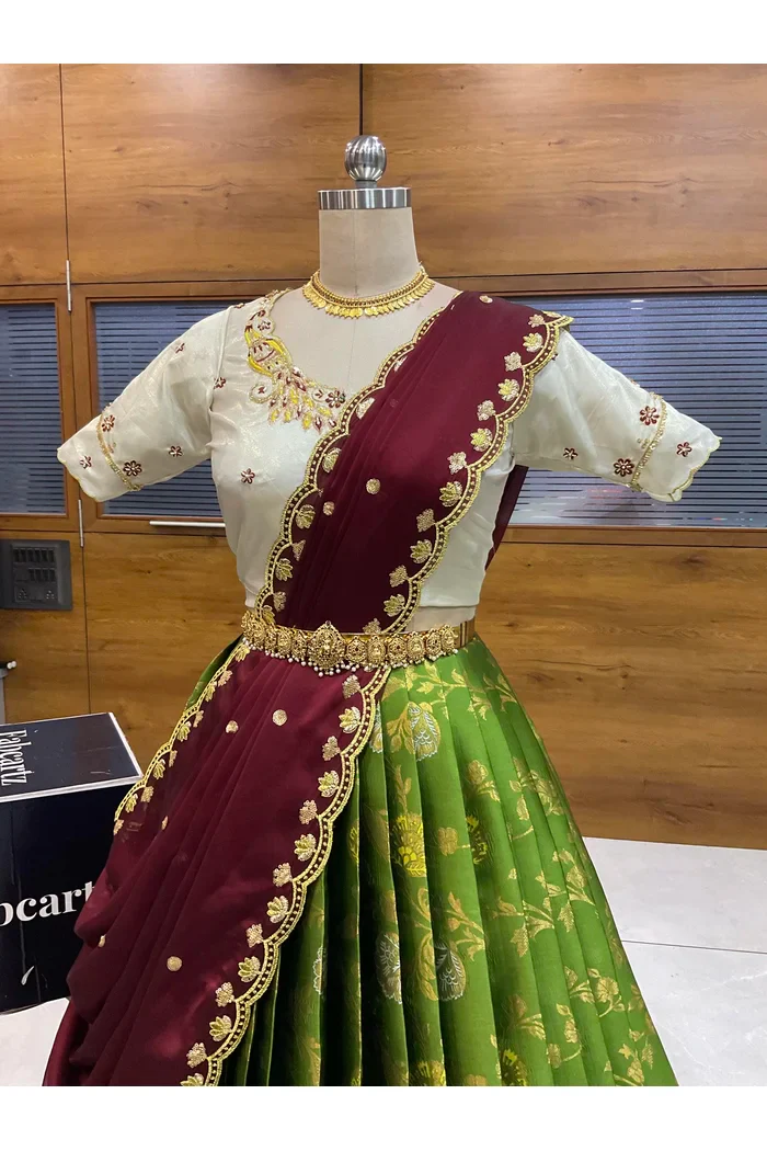 Beautiful South Indian Style Half Saree with Hand Work Blouse and Dupatta for Women | Shobitha - Image 33