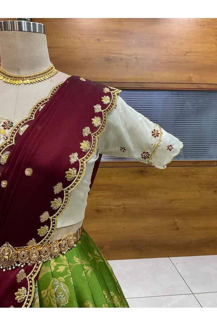 Beautiful South Indian Style Half Saree with Hand Work Blouse and Dupatta for Women | Shobitha - Image 34