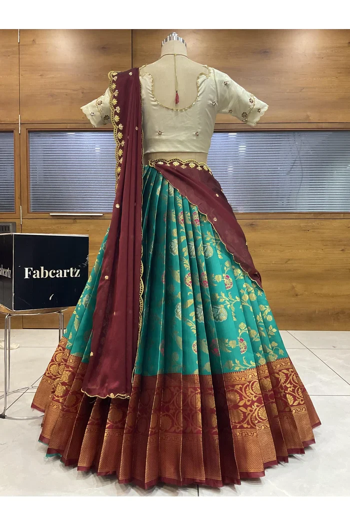 Beautiful South Indian Style Half Saree with Hand Work Blouse and Dupatta for Women | Shobitha - Image 38