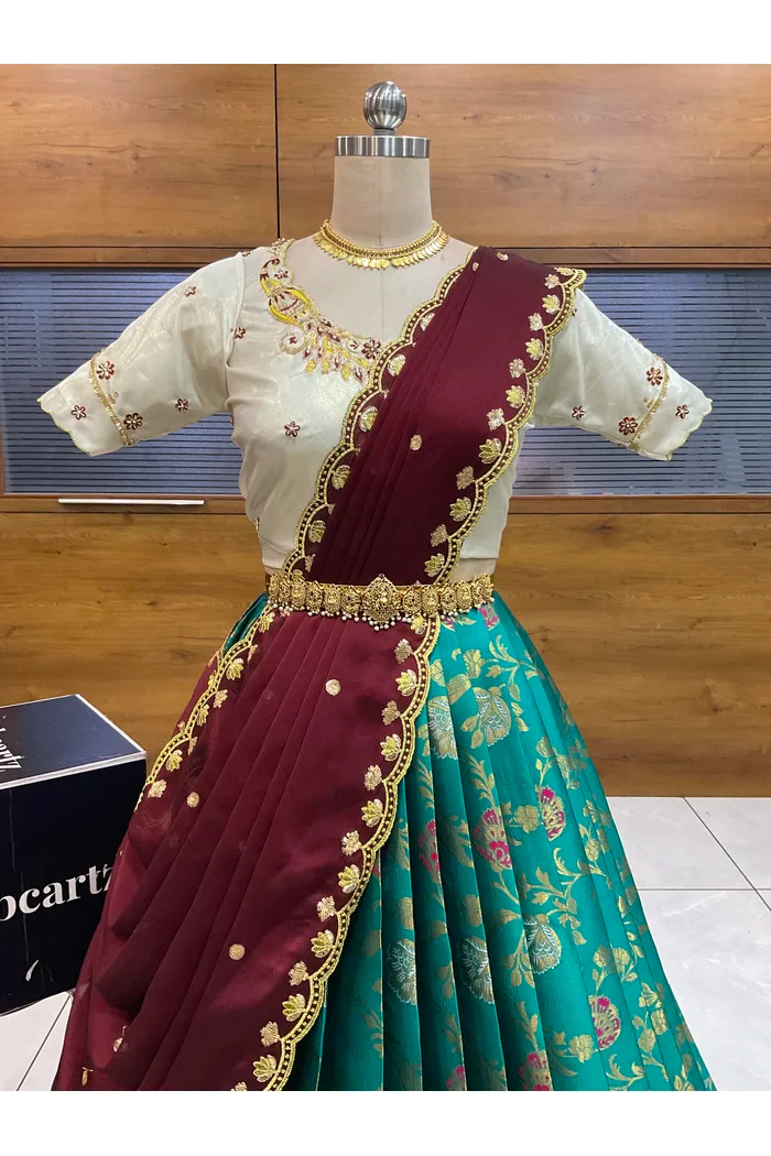 Beautiful South Indian Style Half Saree with Hand Work Blouse and Dupatta for Women | Shobitha - Image 39