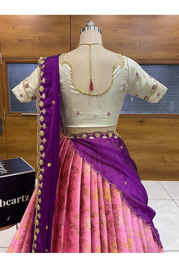 Beautiful South Indian Style Half Saree with Hand Work Blouse and Dupatta for Women | Shobitha - Image 4