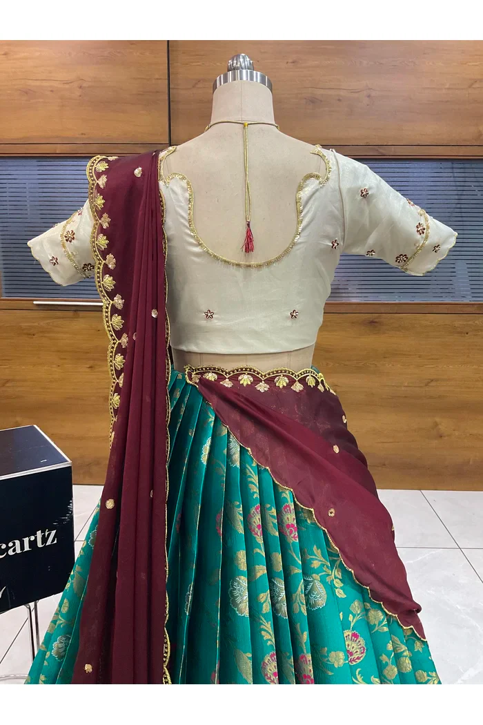 Beautiful South Indian Style Half Saree with Hand Work Blouse and Dupatta for Women | Shobitha - Image 40