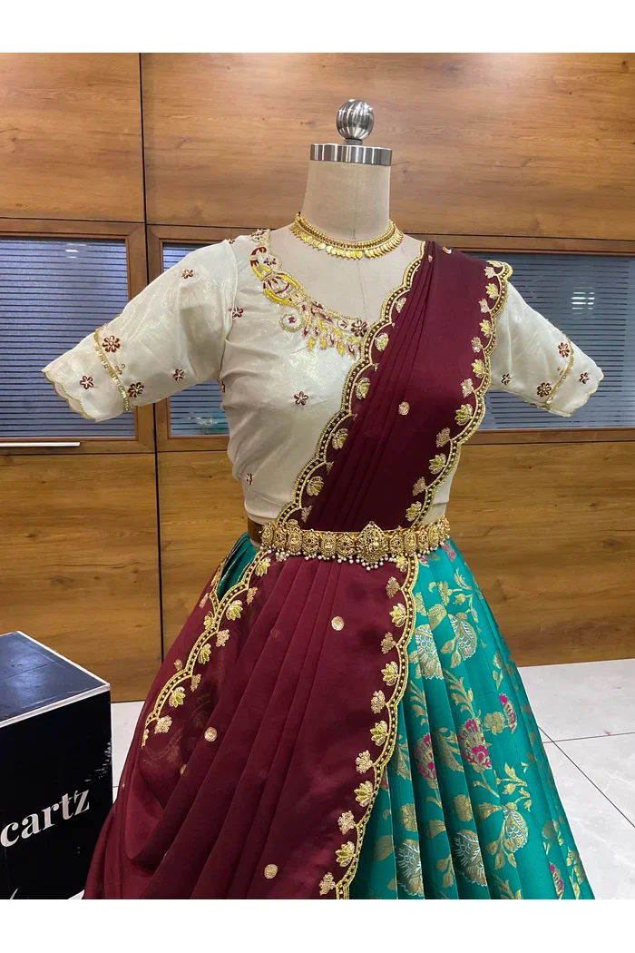 Beautiful South Indian Style Half Saree with Hand Work Blouse and Dupatta for Women | Shobitha - Image 41