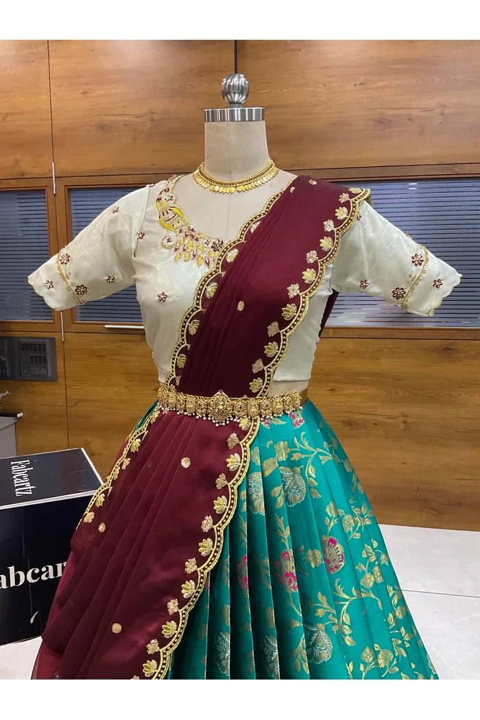 Beautiful South Indian Style Half Saree with Hand Work Blouse and Dupatta for Women | Shobitha - Image 42