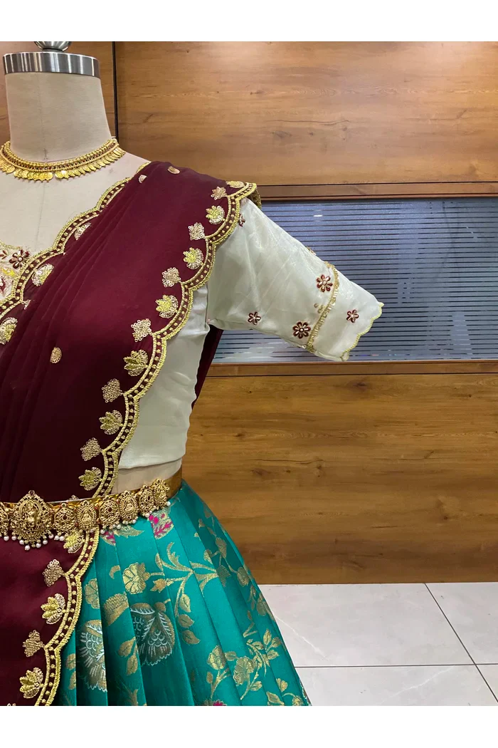 Beautiful South Indian Style Half Saree with Hand Work Blouse and Dupatta for Women | Shobitha - Image 43
