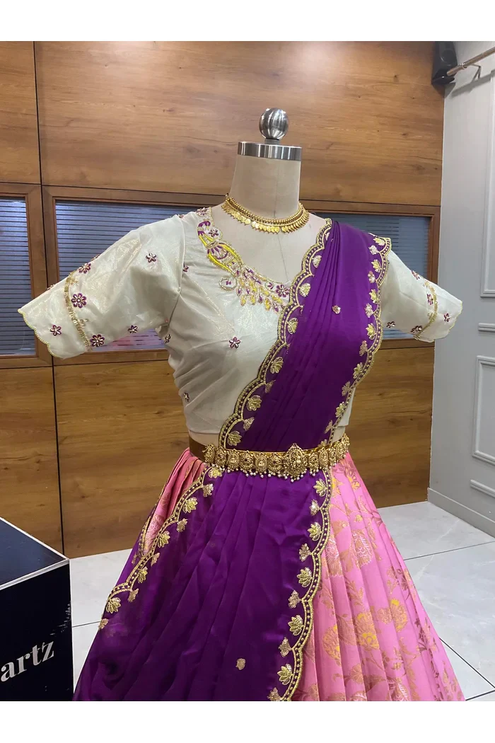 Beautiful South Indian Style Half Saree with Hand Work Blouse and Dupatta for Women | Shobitha - Image 5