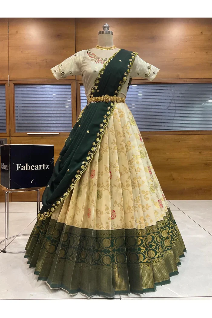 Beautiful South Indian Style Half Saree with Hand Work Blouse and Dupatta for Women | Shobitha - Image 57