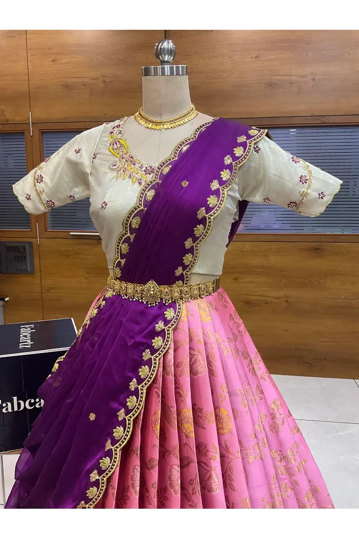 Beautiful South Indian Style Half Saree with Hand Work Blouse and Dupatta for Women | Shobitha - Image 6