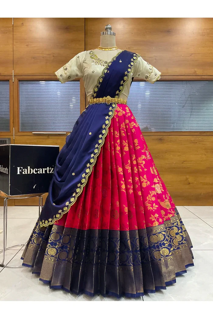Beautiful South Indian Style Half Saree with Hand Work Blouse and Dupatta for Women | Shobitha - Image 69